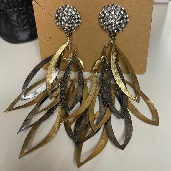 Large Feathered Style Metal Dangle Rhinestone Clip-On Earrings Tri-Color Metal - Picture 8 of 9